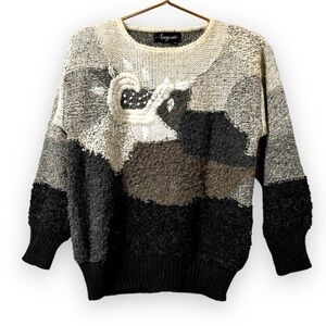 Vintage 80s Angenie Wool Blend Sweater Cream Gray Mixed Media Women’s Size Small
